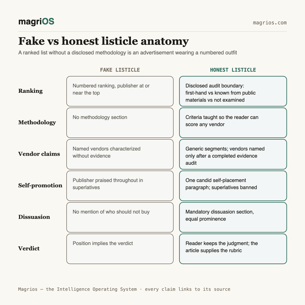 The honest listicle: answering 'best X' questions without lying — Magrios diagram